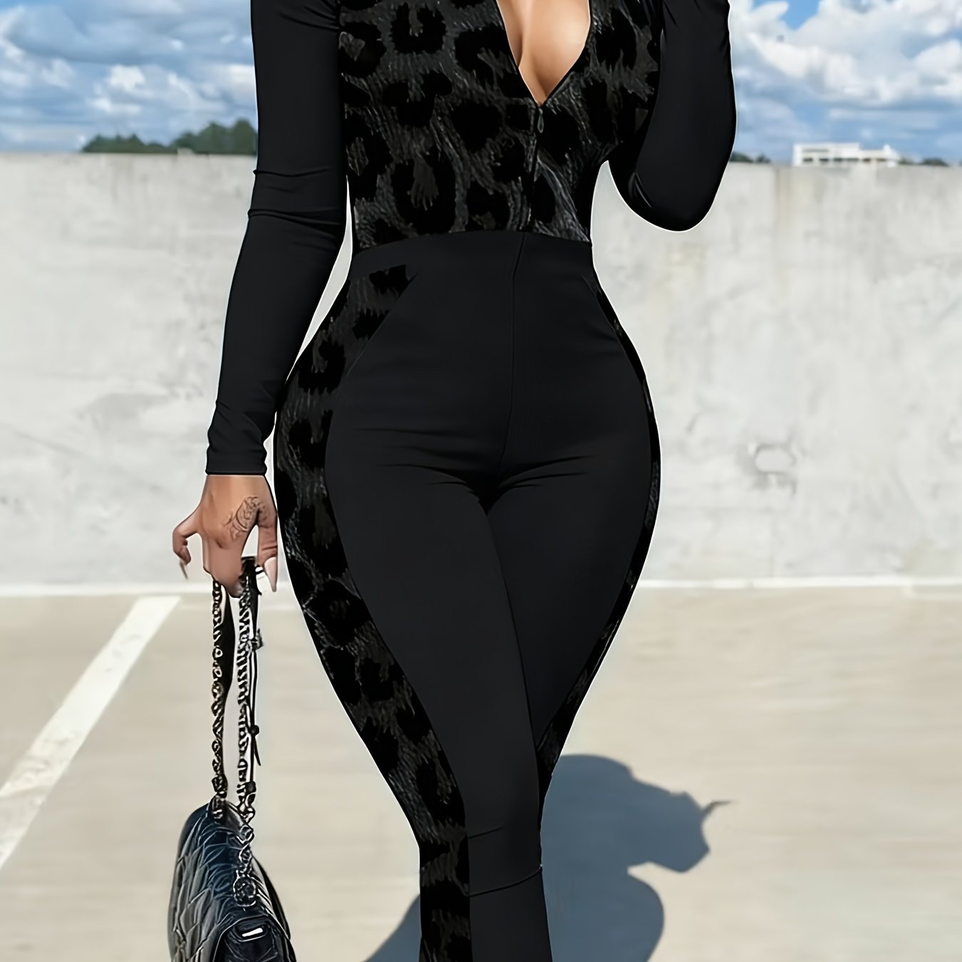 Plus Size, Fashion Women's Clothing | Women's Zip - Up Jumpsuit Set | Bright Green with Black Leopard Print Patchwork | Long Sleeve Full - Zip Design | Slim Fit | Suitable for Daily Outings & Multiple Occasions