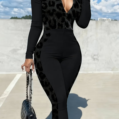 Plus Size, Fashion Women's Clothing | Women's Zip - Up Jumpsuit Set | Bright Green with Black Leopard Print Patchwork | Long Sleeve Full - Zip Design | Slim Fit | Suitable for Daily Outings & Multiple Occasions