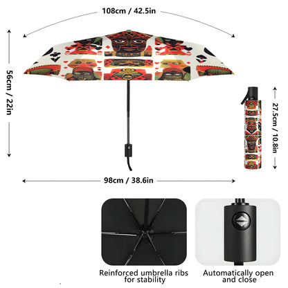 Open/Close Umbrella with African Mask Design - Red & Black Folding  Umbrella, 8-Rib Sturdy Canopy, Portable for Travel, Durable Plastic/Ferrule Frame - Unique Gift for Men & (Casual & Special Occasions)