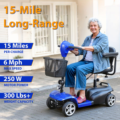 4-Wheel Electric Mobility Scooter for Adults & Seniors - 15-mile Range, 6 Mph Speed, 24V 12Ah, Equipped with LED Headlights And Adjustable Swivel Seat. Powered By A 250W Motor, It'S The Perfect Companion for Outdoor Camping T