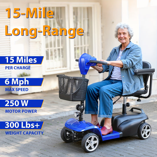 4-Wheel Electric Mobility Scooter for Adults & Seniors - 15-mile Range, 6 Mph Speed, 24V 12Ah, Equipped with LED Headlights And Adjustable Swivel Seat. Powered By A 250W Motor, It'S The Perfect Companion for Outdoor Camping T