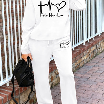 Women'S Casual Crew Neck Sweatshirt and Straight-Leg Pants Two-Piece Set with "Faith Hope Love" Print, Fleece-Lined, Drawstring Waist, All-Season, Comfortable Outfit For Casual Attire, Comfortable Clothing | Crew Neck Sweatsh