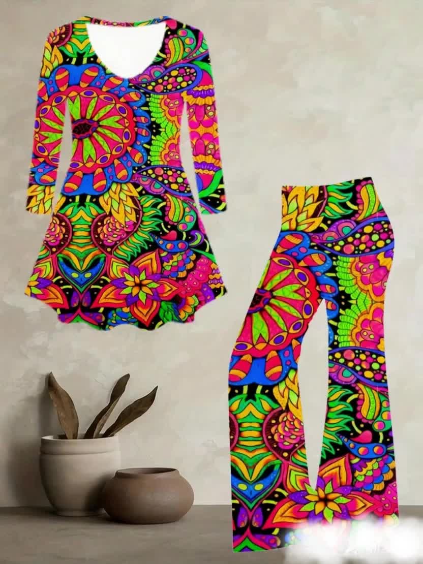 Women's Artistic Paisley-Print Flared Culotte Pantsuit - Multicolor (Pink/Yellow/Green/Blue/Purple) A-Line Asymmetrical Hem Jumpsuit, Casual to Dressy Outfits, All-Season Wear, Round Neck Long Sleeve Matching Set