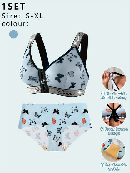 A Set of Butterfly Print Front-Button Women'S Lingerie, Featuring Wide Straps, a Wireless Bra, And Seamless Panties, Soft And Comfortable, Perfect for Everyday Wear in Autumn And Winter.