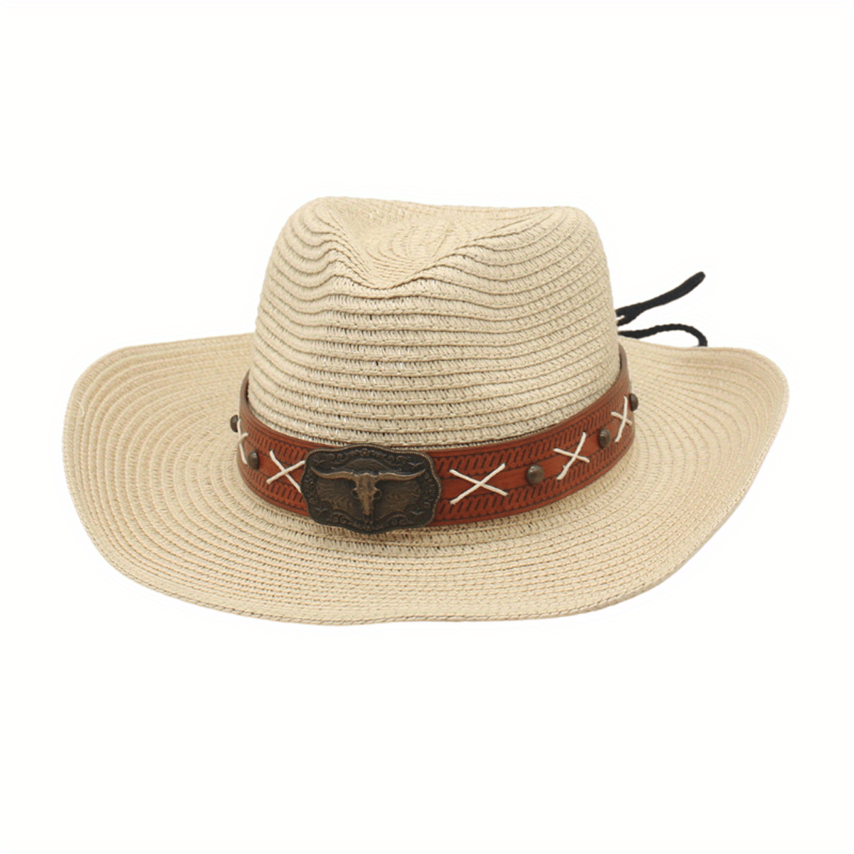 Men Women Straw Cowgirl Hat Wide Brim Stylish Bull Head Leather Belt Design Western Cap for Beach Daily Life Party
