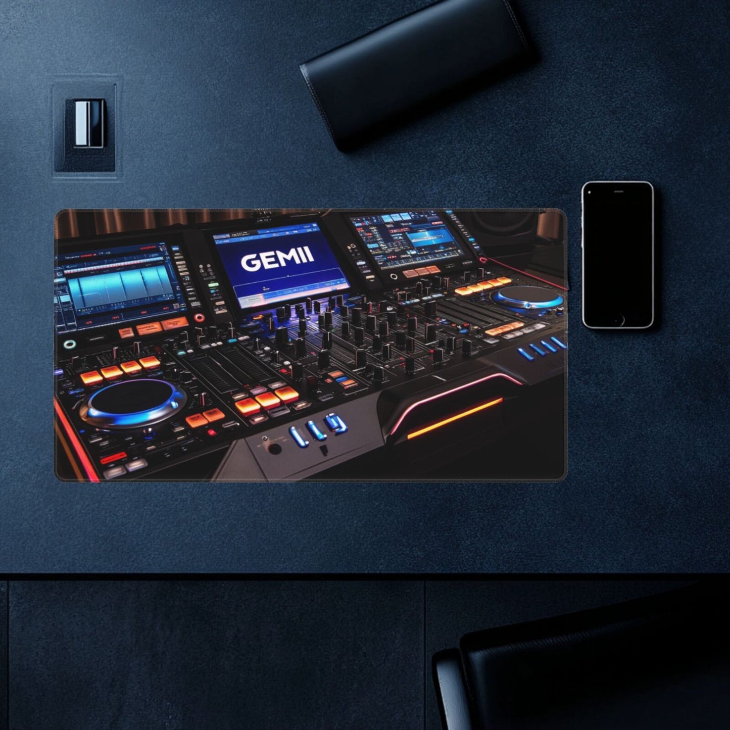 1pc Gemini G4V Controller Design Mousepad, Non-Slip Rubber Base, Washable Oblong Desk Mat for DJs, Professional Mixing & Effects Setup, Modern Black with Illuminated Displays, Mouse Pads for Desk