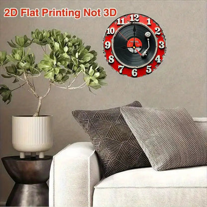 2D Flat Room Decor, 1pc, A red and white sign with a microphone and vinyl records, 9.8-inch, 2D Wooden Flat, Silent Wall Clock, Non-Luminous, Wooden Quartz Design, perfect for spiritual homes/ holiday/ Living Room/ Coffee/ Be