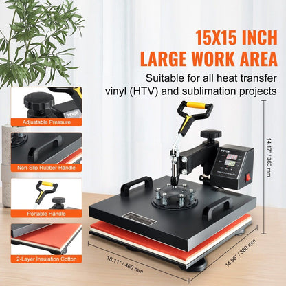 Quality Assurance Heat Press Machine 15x15Inch 8pcs 1050W Combo Digital Multifunctional Sublimation Heat Transfer Machine Dual Display for T Shirts Hat Mug Cap Plate Swing Away Design Premium Quality