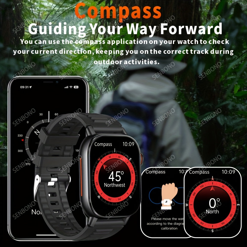 SENBONO Sports Smartwatch with 1000mAh Large Battery, 2.01inch HD Square Display, Wireless 5.4, LED Flashlight, Compass, Diversified Dial, Sleep Monitoring, 100+ Sports Modes, Outdoor Smartwatch, Ideal Gift, Fitness Tracker,