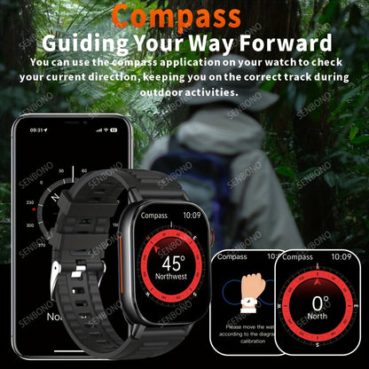 SENBONO Sports Smartwatch with 1000mAh Large Battery, 2.01inch HD Square Display, Wireless 5.4, LED Flashlight, Compass, Diversified Dial, Sleep Monitoring, 100+ Sports Modes, Outdoor Smartwatch, Ideal Gift, Fitness Tracker,
