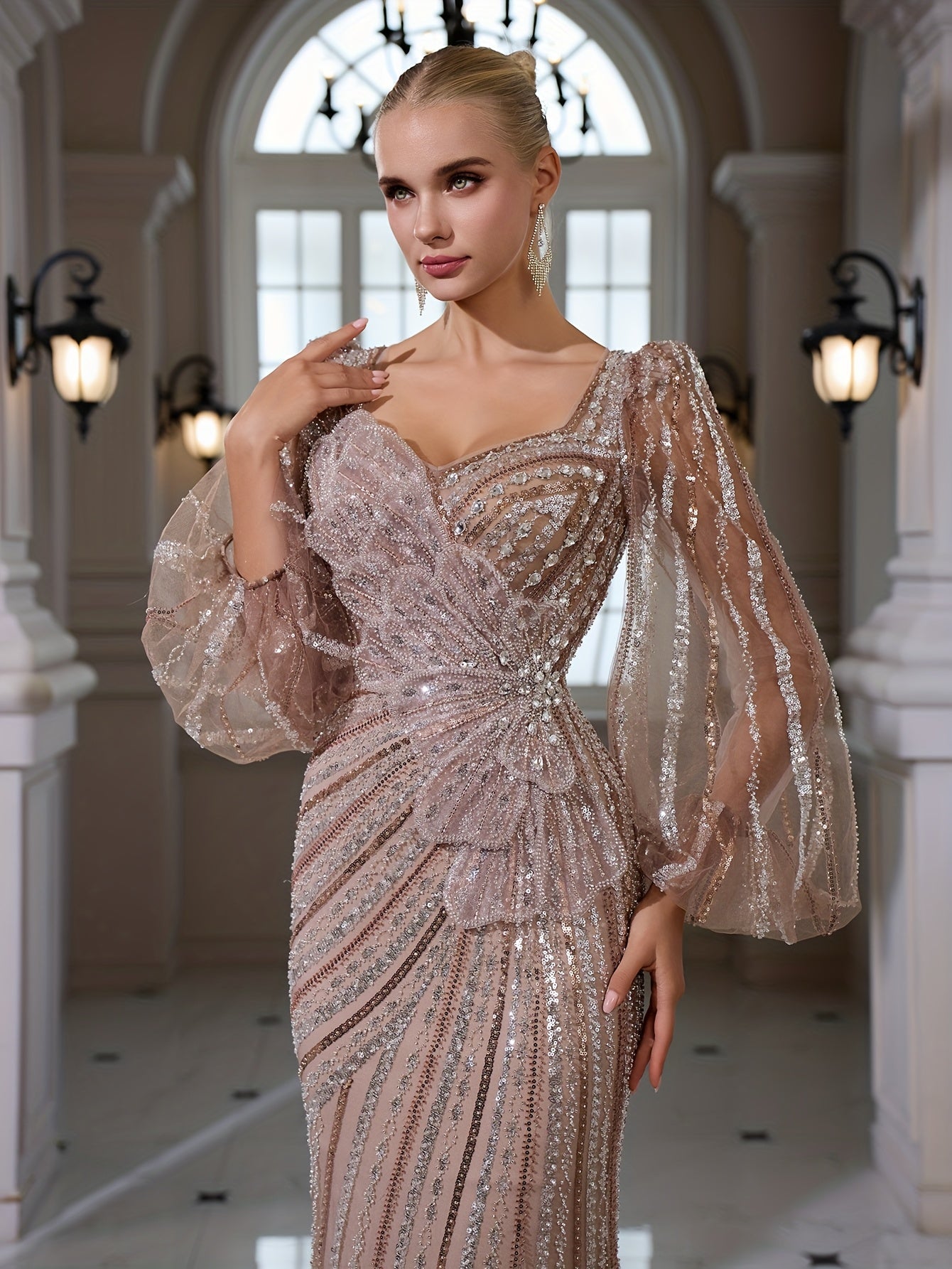 Elegant Square Neck Long Sleeve Bodycon Fishtail Gown with Applique Sequins | Perfect for Weddings, Banquets, and Parties, All-Season Wear
