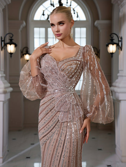 Elegant Square Neck Long Sleeve Bodycon Fishtail Gown with Applique Sequins | Perfect for Weddings, Banquets, and Parties, All-Season Wear