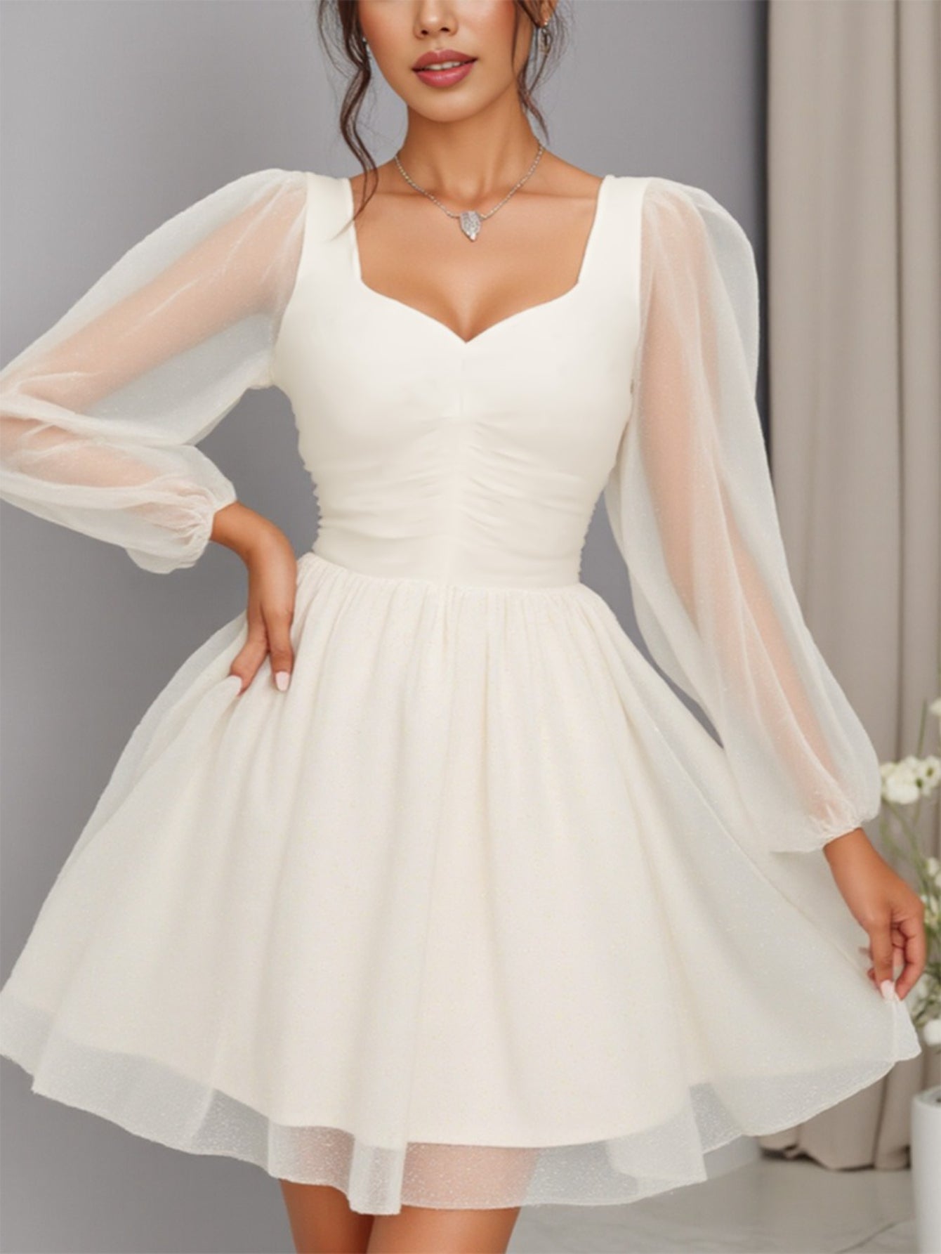 Women's White Mesh Formal Gown - A-Line Dress with Bubble Sleeve & Square Neck - Fitted Waist-Cinching Short Party Dress - Short Train-like for Weddings, Prom, Dates - Breathable Semi-Sheer (Machine Washable)