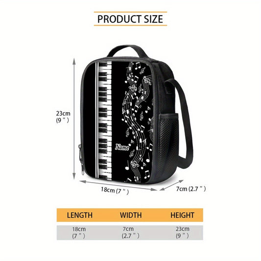 Customizable Piano-Themed 2D Printed Handbag - Black with White Music Notes & Red Accents, Durable Polyester, Personalized Name Option, Compact & Stylish for Commuting or Casual Use, Piano Accessories