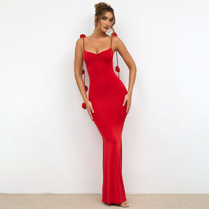 Women's Elegant Backless Evening Gown with 3D Flower Strap - Long Formal Wedding Dress, Prom Dress, Party Dress - Solid Color Round Neck All-Season Hand Washable Dress for Special Occasions