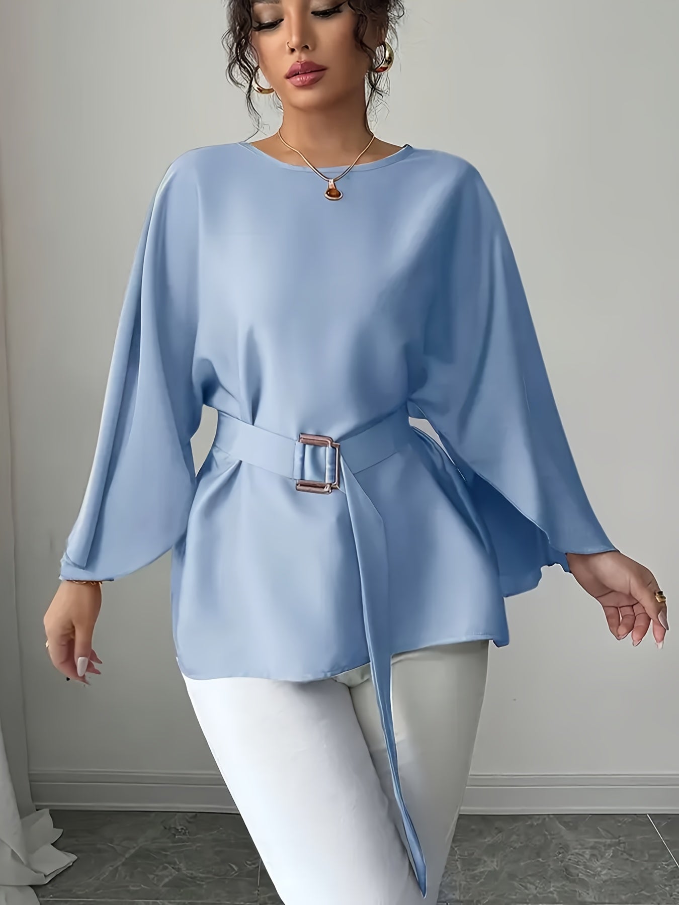 Women'S Elegant Three-Quarter Sleeve T-Shirt - Loose Fit Blouse with Waist Belt, Non-Transparent Fall/Winter Top for Everyday & Formal Outfits - Office, Party, Casual Chic Wardrobe Essential, Ladies T Shirts, Office Attire, S