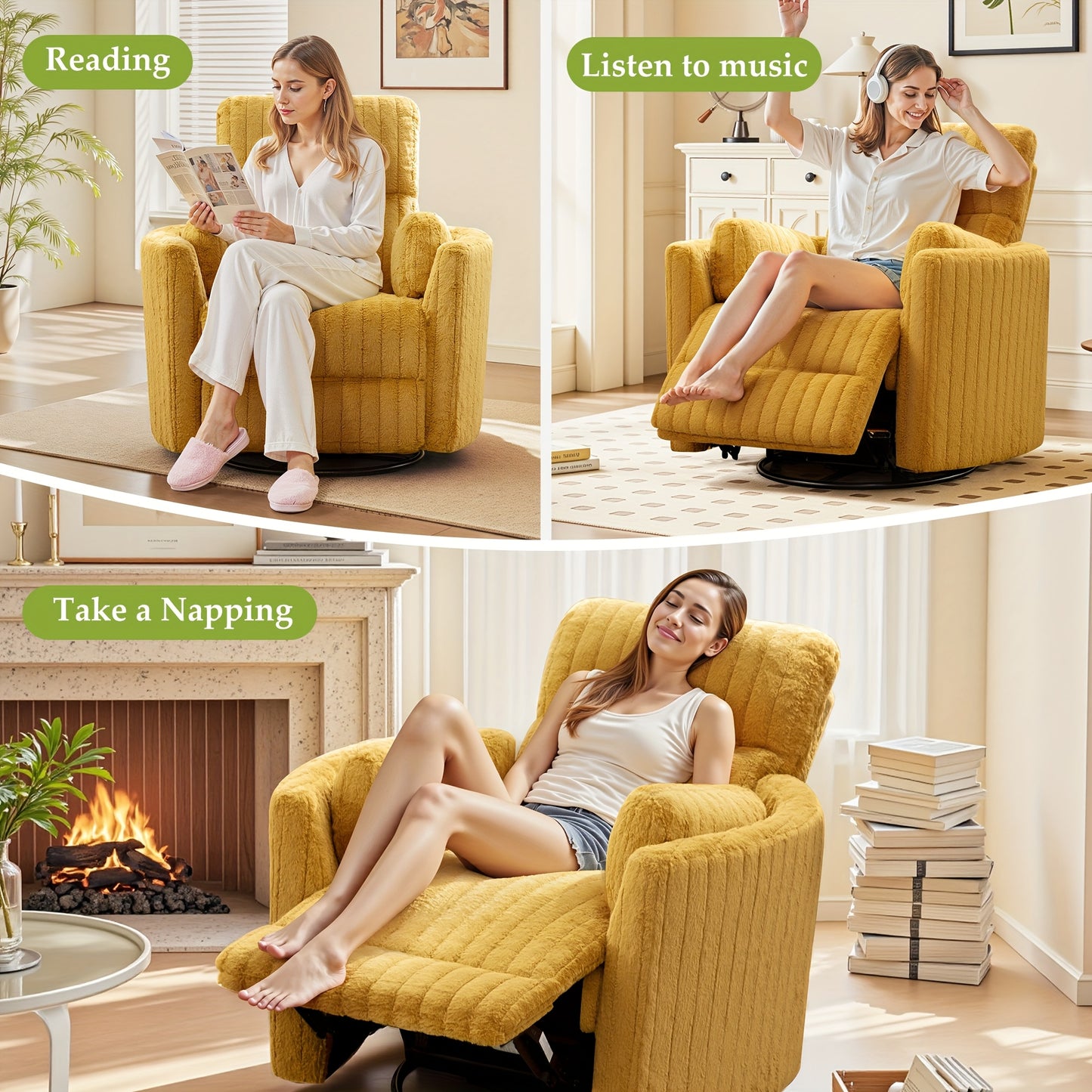 KERDOM 3-in-1 Electric Rocker Recliner Chair with 270° Swivel & Memory Foam, Heavy-Duty Rocking Recliner Sofa Bed with Global Voltage (110-240V), Plug-in Floor Design (No Wood Parts) - Beige/Yellow/Gray