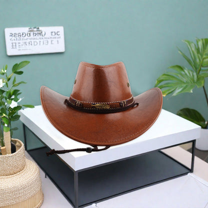 Women Men Western Hat Faux Leather Wide Brim Cowgirl Cap Sun Protection Hat for Outdoor Party