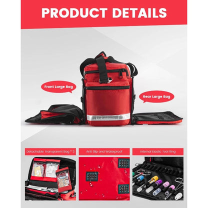 Heavy-Duty EMT Bag with 360° Reflective Safety Design, 4 Dividers & 3 Removable Transparent Pouches - Padded Detachable Strap, 25.8" Large Capacity First Aid Kit for Paramedics, First Responders, Camping, Hiking, Sports - Du