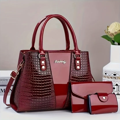 3pcs, Classic Large Capacity Mom Bag, Bright Surface Crocodile Pattern Multi-pocket Compartment Bag, Designer Bags for Women, Vintage Purse, Womens Hand Bag, Designer Bags for Women High Quality, Everyday Purse, Travel Access