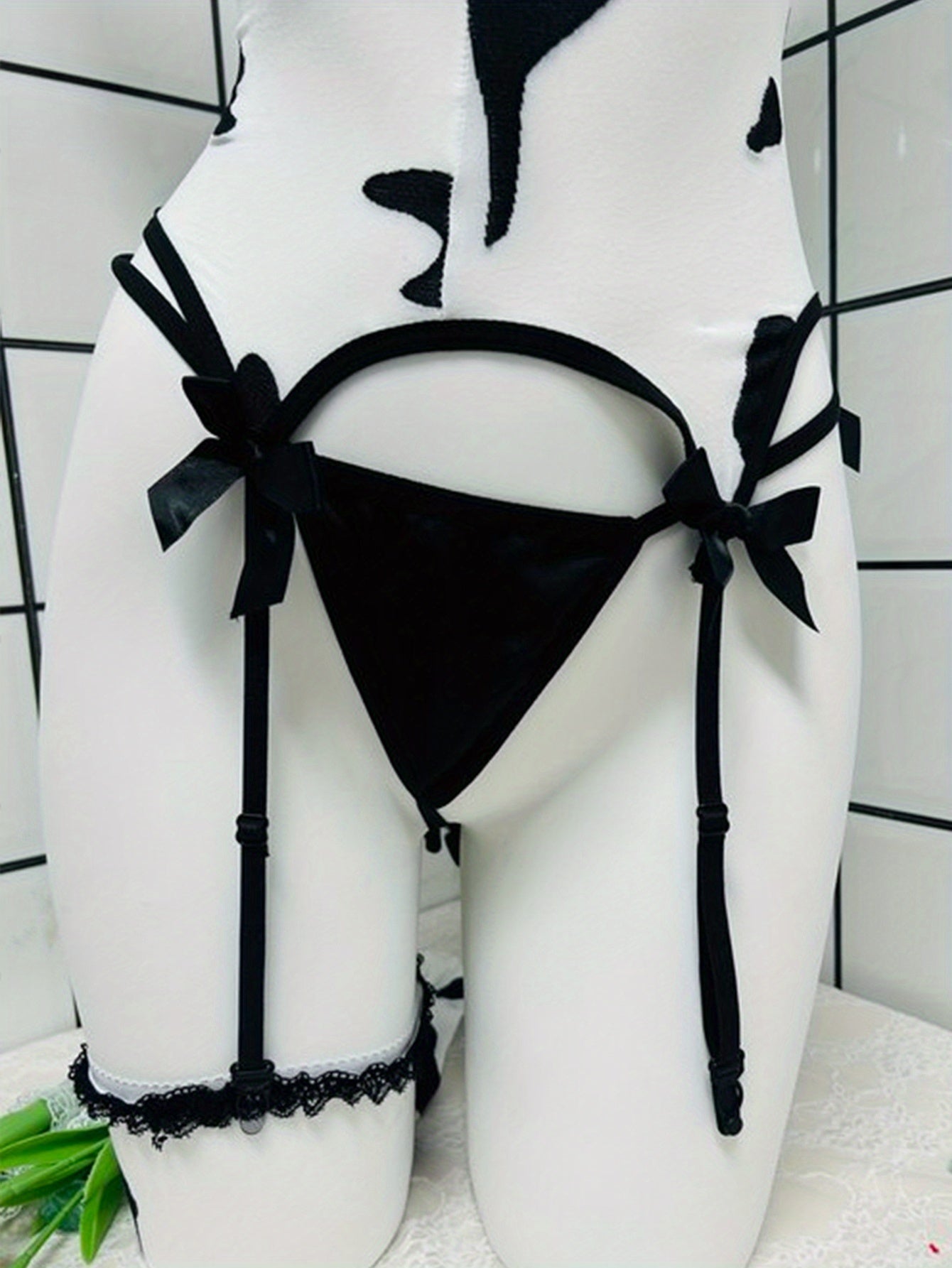 Sexy Sheer Translucent Jumpsuit Suit - Elastic Bodysuit with Matching Shorts & Pantyhose, Headband Bow Suspender Belt - 5pcs Outfit for /, Costumes for halloween, Christmas Parties, Year-Round Wear (Novelty)