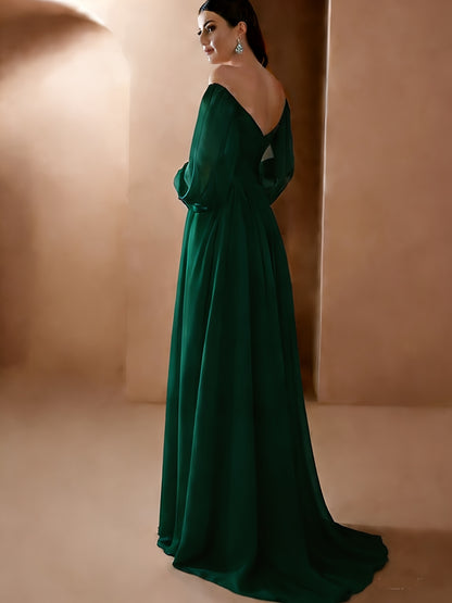 Women'S Elegant Vintage-Inspired One-Shoulder/Off-Shoulder Wedding & Party Dress - Long Sleeve A-Line Chiffon Gown with Puff Sleeve & Train Hem, Solid Formal Evening Gown for Spring Summer Fall, Loose Fit A-Line Silhouette, L