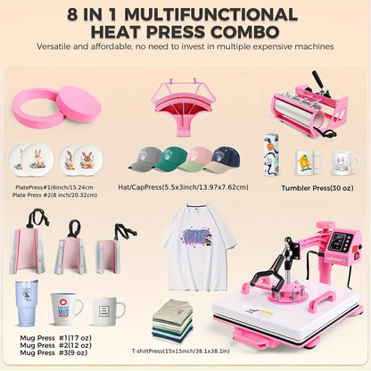 This Is a Versatile Heat Press Machine Combo Featuring an 8 in 1 And 5 in 1 Design, with Dimensions of 15"X15" And 15"X12". It Has a Rotatable Design And Is Suitable for Transferring Images Onto Various Items Such As T-Shirts