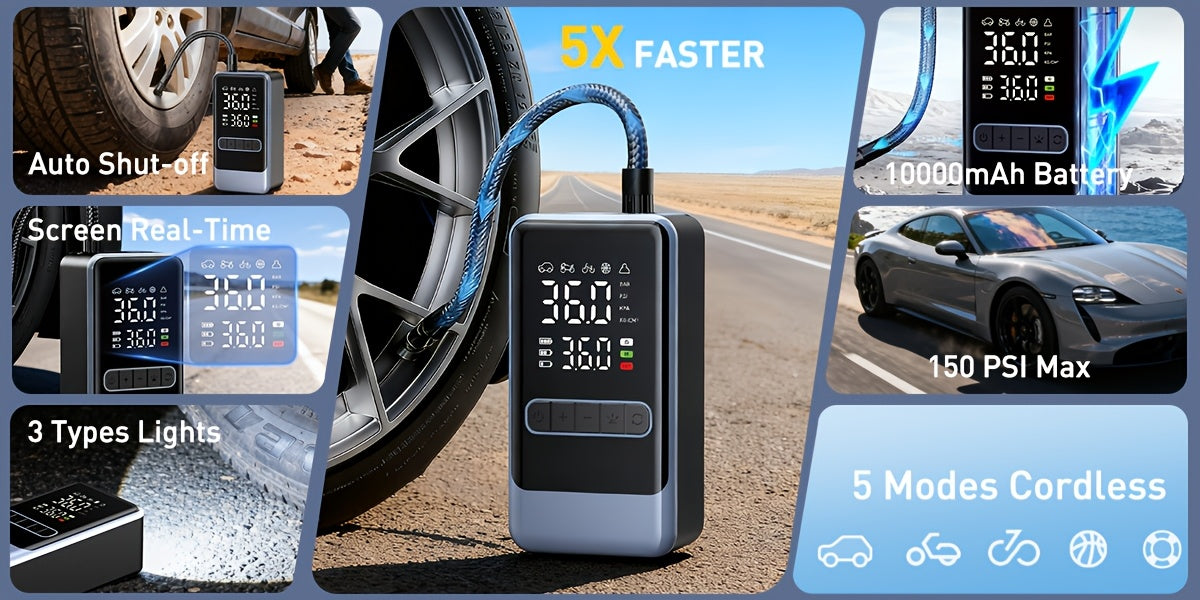 Tire Inflator Portable Air Compressor, Portable Air Compressor with Digital Gauge & LED Light, USB Rechargeable, 3X Fast Inflation, for SUV Cars Bikes Motorcycles & Sports Equipment And Ball, Black Friday Christmas 2026 New Y