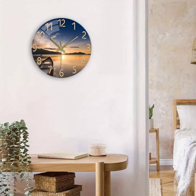 12 Inch Silent Glass Wall Clock with Sunset Mountain Lake Scene & Boat Design - Thickened Reinforced Glass, Battery Operated AA (Not Included), Modern Round Clock for Living Room, Bedroom Decor - Perfect Holiday, Birthday Gif