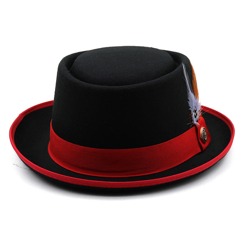 Men'S & Women'S British Style Felt Top Hat with Feather-like Plume - Elegant Black/Red/Burgundy Jazz Hat, Small Brim & Wide Flat - Durable Felt Material for Weddings, Proms, Masquerade & Vintage Events - Unisex Vintage Access