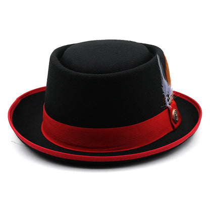 Men'S & Women'S British Style Felt Top Hat with Feather-like Plume - Elegant Black/Red/Burgundy Jazz Hat, Small Brim & Wide Flat - Durable Felt Material for Weddings, Proms, Masquerade & Vintage Events - Unisex Vintage Access