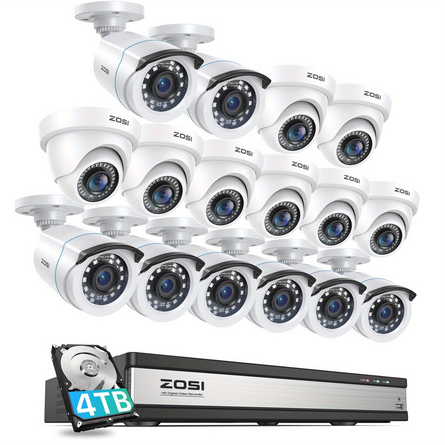 ZOSI H.265+ 16CH Security Camera System with 4TB Hard Drive, AI Human Vehicle Detection, 8 Bullet+8 Dome 1080P CCTV Camera Outdoor Indoor with 80ft Night Vision, 90°Wide Angle, No Monthly Fee,  Continuous Video Recording, Cc