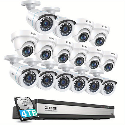 ZOSI H.265+ 16CH Security Camera System with 4TB Hard Drive, AI Human Vehicle Detection, 8 Bullet+8 Dome 1080P CCTV Camera Outdoor Indoor with 80ft Night Vision, 90°Wide Angle, No Monthly Fee,  Continuous Video Recording, Cc