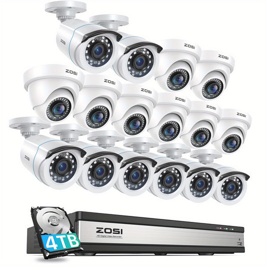 ZOSI H.265+ 16CH Security Camera System with 4TB Hard Drive, AI Human Vehicle Detection, 8 Bullet+8 Dome 1080P CCTV Camera Outdoor Indoor with 80ft Night Vision, 90°Wide Angle, No Monthly Fee,  Continuous Video Recording, Cc