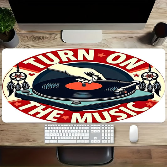 1pc Music-Themed Gaming Mouse Pad & Desk - Vinyl Record & DJ Turntable Design with "Turn On The Music" Slogan, Non-Slip Rubber Base, Full Keyboard & Mouse Coverage for PC/Laptop, Durable Thick Surface for E-Sports, DJ Setup,