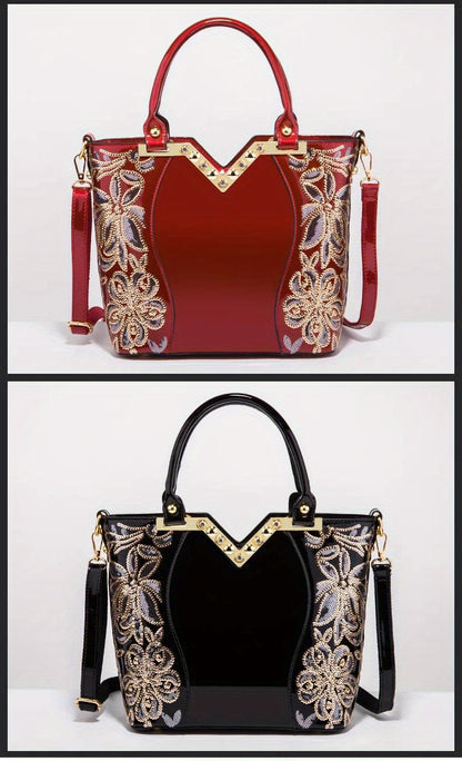Designer Floral Embroidery Patent Leather Handbag for Women, Large Capacity Shoulder Tote with Zipper Closure, Polyester Lined, Paint Detail, Party Bag
