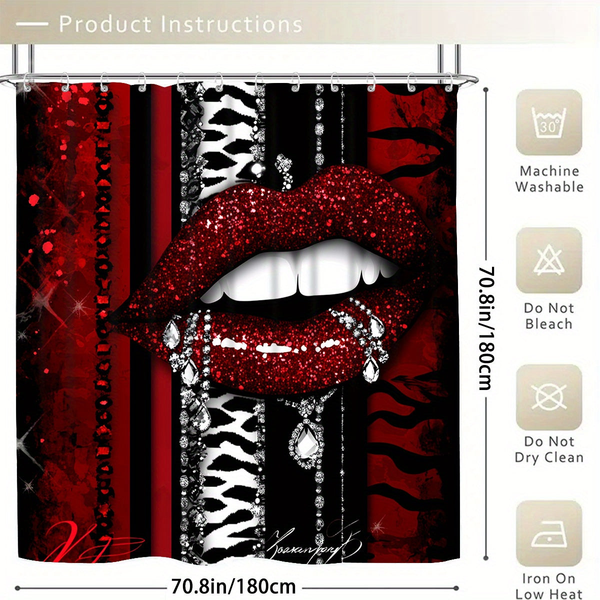 Sexy Red Lips Print 4pcs Bathroom Set with 12 Hooks - High Quality Shower Curtain, Anti-Slip Bath Mat, Toilet Cover & U-Shaped Carpet - Glitter Accent Black & Red Design, Machine Washable Luxury Bath Decor for Modern Homes