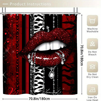 Sexy Red Lips Print 4pcs Bathroom Set with 12 Hooks - High Quality Shower Curtain, Anti-Slip Bath Mat, Toilet Cover & U-Shaped Carpet - Glitter Accent Black & Red Design, Machine Washable Luxury Bath Decor for Modern Homes