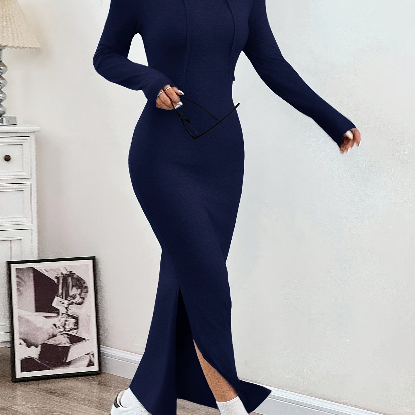 Spring and Autumn New Hooded Long Cross Knee Casual Fashion Dress | Solid Color, Long Sleeve, Bodycon Fit, Slit Hem