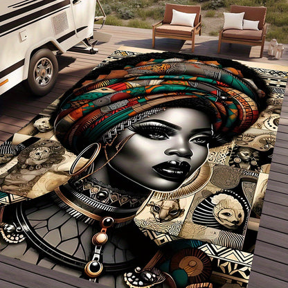 African-Inspired Tribal Art RV Camping Mat with Ethnic Headwrap Design - Durable Indoor/Outdoor Rug for Camping, Picnics, Living Room & Bedroom Decor, Camping Decorations
