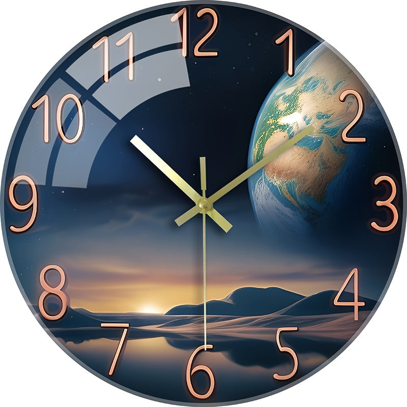 12 Inch Space-Themed Earth Landscape Wall Clock - Thick Tempered Glass, Silent Non-Ticking Modern Round Clock for Living Room, Bedroom Decor - Perfect Birthday & Holiday Gift (AA Battery Operated, Not Included), Sleek Hour Ma