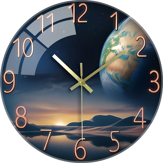 12 Inch Space-Themed Earth Landscape Wall Clock - Thick Tempered Glass, Silent Non-Ticking Modern Round Clock for Living Room, Bedroom Decor - Perfect Birthday & Holiday Gift (AA Battery Operated, Not Included), Sleek Hour Ma