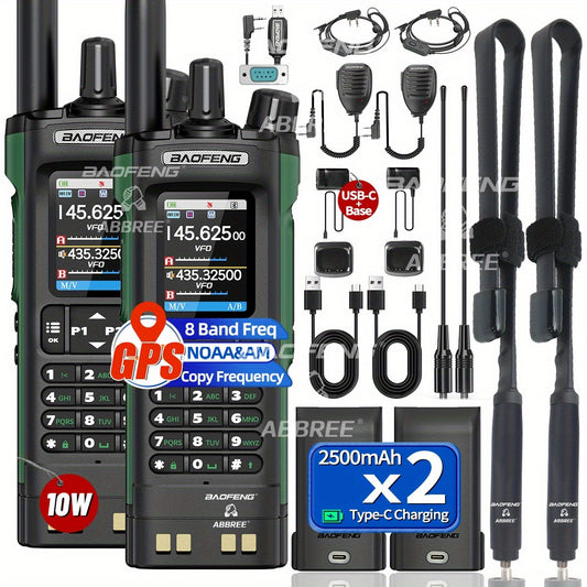 2-Pack BAOFENG UV-32 Ham Radio Handheld 10W Long Range Rechargeable NOAA Weather Receiver 5RM K5 Tactical Two Way Radio with GPS, USB-C Charging, UHF Frequency, Lithium-Polymer Battery, Green Color, Non-Waterproof, for Adults