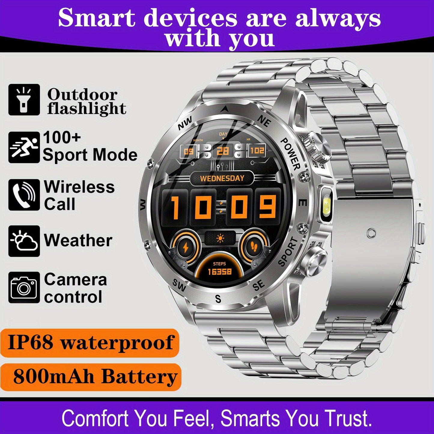Men'S Smart Watch, Waterproof Smart Watch, Suitable for Outdoor Sports, IP68 Deep Waterproof, Waterproof Speaker, LED Flashlight, Call Answering, Music Control, 800Mah Battery, Compass, Compatible with Iphone And Android Phon