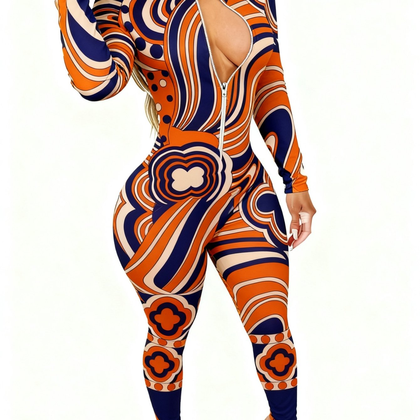 Women'S Allover Printed Jumpsuit - Long Sleeve with Zipper | Elegant Sexy, 4-Season Party & Special Occasion Outfit, Casual Style, All-Season Wear