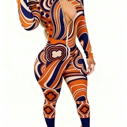 Women'S Allover Printed Jumpsuit - Long Sleeve with Zipper | Elegant Sexy, 4-Season Party & Special Occasion Outfit, Casual Style, All-Season Wear