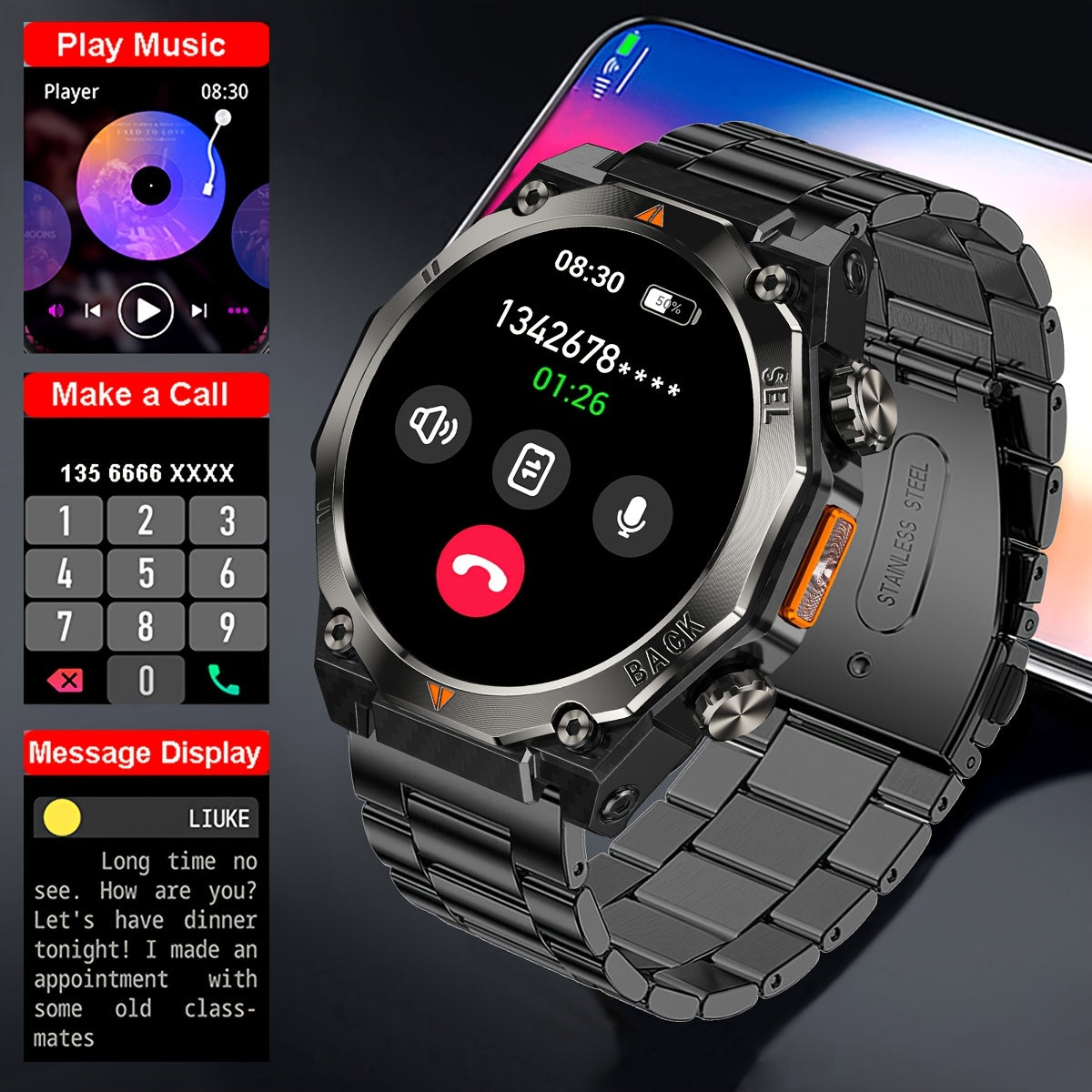 COIUSOR Men'S GPS Smartwatch with Built-in LED Flashlight & Compass, 1.46" AMOLED HD Display, IP68 Waterproof, Battery, 100+ Modes, IP68 Rugged Design, Fitness Tracker