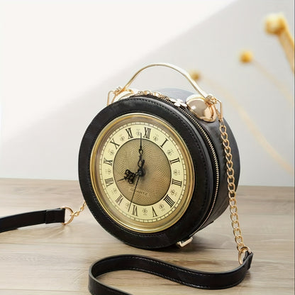 Vintage-Inspired Clock Handbag with Adjustable Strap – Stylish Round Design in Caramel, Pink, or Black – PU Material, Zip Closure, Perfect for Casual Outings