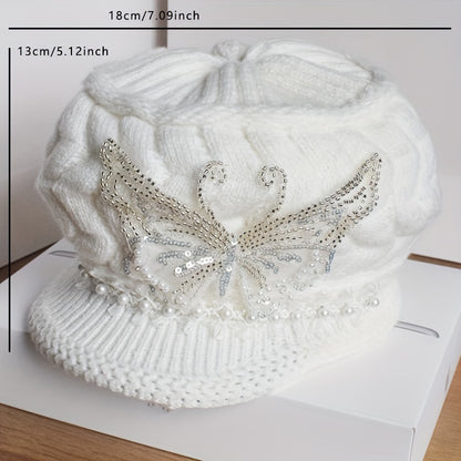 [Elegant Winter Hat] Women'S Winter Hat - Elegant White with Floral-like Decoration, Lightweight Warm Beanie for Cold Weather, Formal & Everyday Outfits - Easy Care (Hand Wash/Dry Clean) - Perfect Gift for Women, Ladies Winte