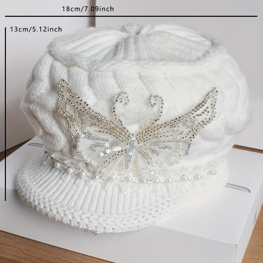 [Elegant Winter Hat] Women'S Winter Hat - Elegant White with Floral-like Decoration, Lightweight Warm Beanie for Cold Weather, Formal & Everyday Outfits - Easy Care (Hand Wash/Dry Clean) - Perfect Gift for Women, Ladies Winte